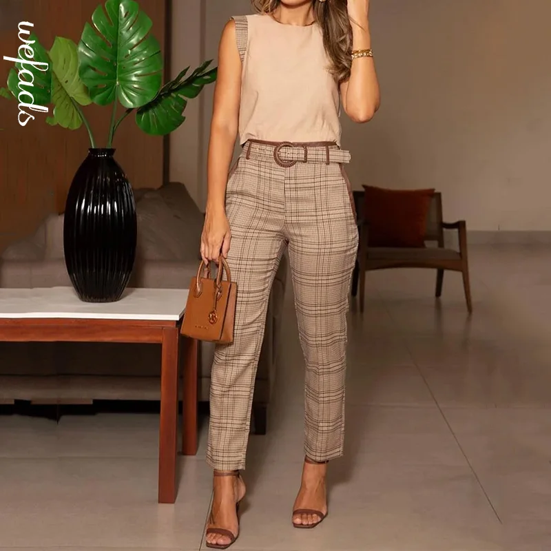 Wefads 2024 Fashion Women Two Piece Set Summer Office Patchwork O Neck Sleeveless Pullover Top Straight Plaid Printed Pants Sets