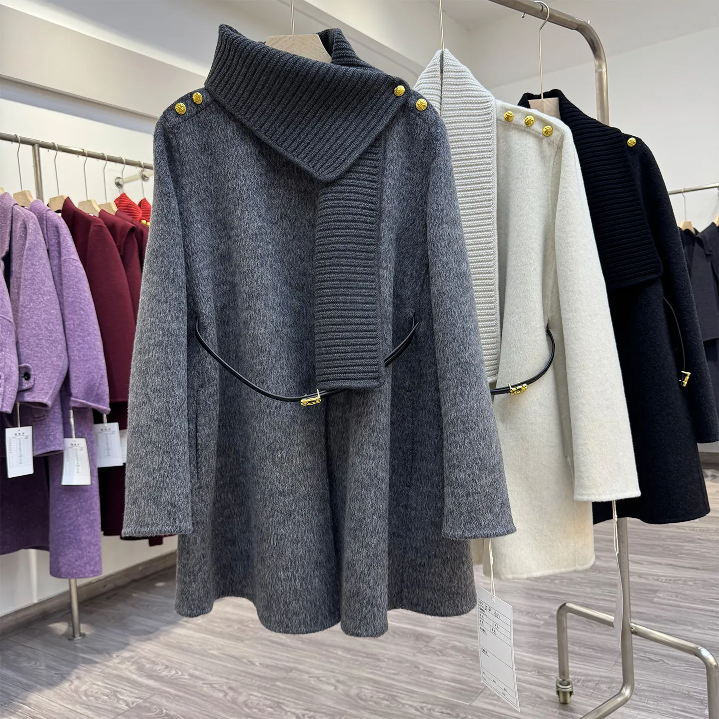 2026 Autumn Winter New Double Faced Wool Coat Women Cape Style With Knit Scarf Belted Slim Elegant Woolen Outerwear
