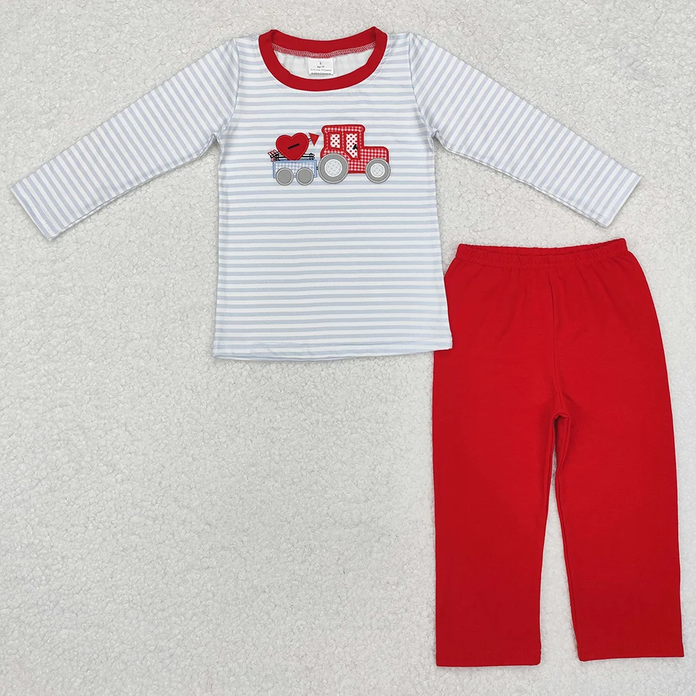 Hot Sale Kids Designer Clothes Boys Valentines Grey Stripes Hearts Top Pants Sets Boutique Baby Boys Clothes Children Outfits