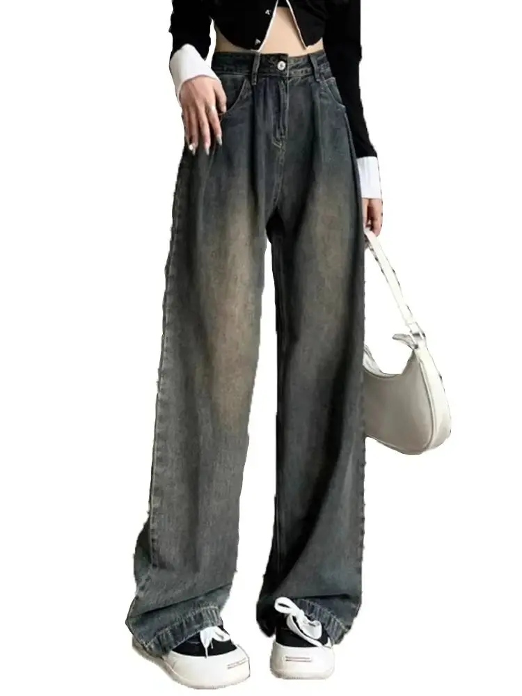 Spring Chicly Washed Vintage Straight Female High Waisted Jeans New Basic Simple Casual Classic Zipper Button Baggy Jeans Women