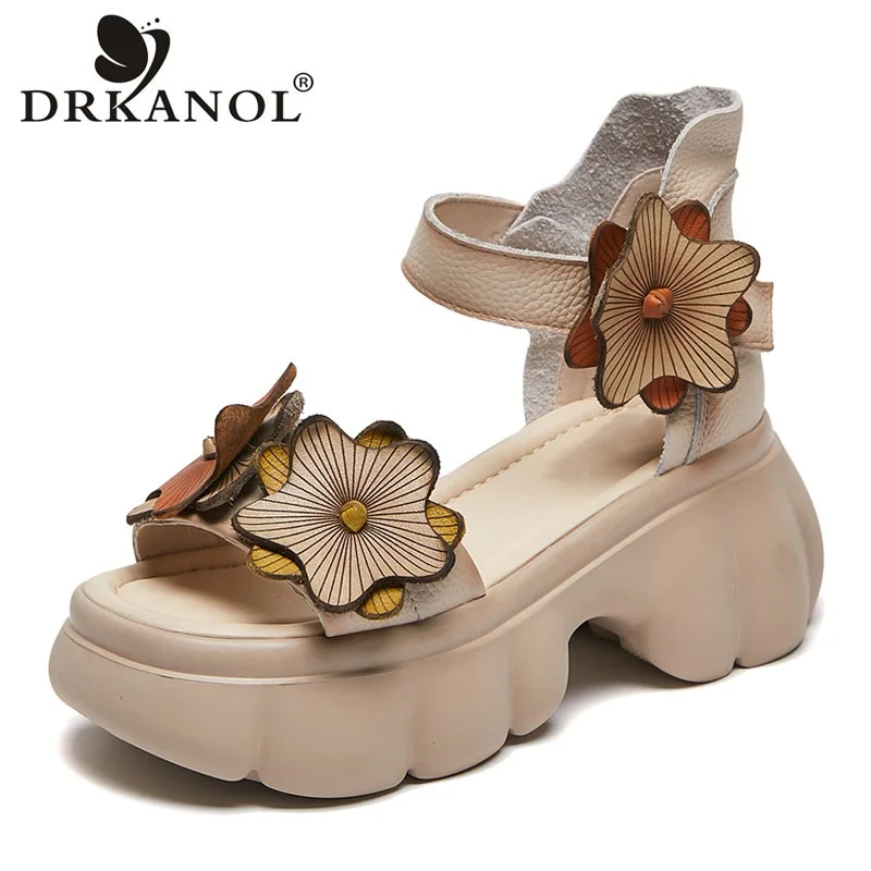 DRKANOL 2024 National Style Sandals Women Summer Cool Boots Open Toe Shoes Genuine Leather Flowers High Heel Platform Sandals