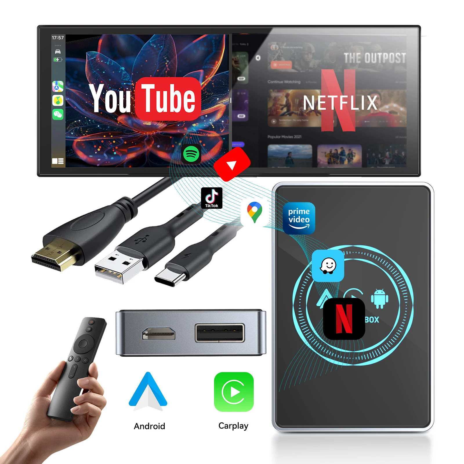 

4 + 32 ГБ CarPlay AI BoxБеспроводной адаптер CarPlay и Android Auto Netflix и YouTube, видео 4K, двухдиапазонный выход Wi-Fi HDMI