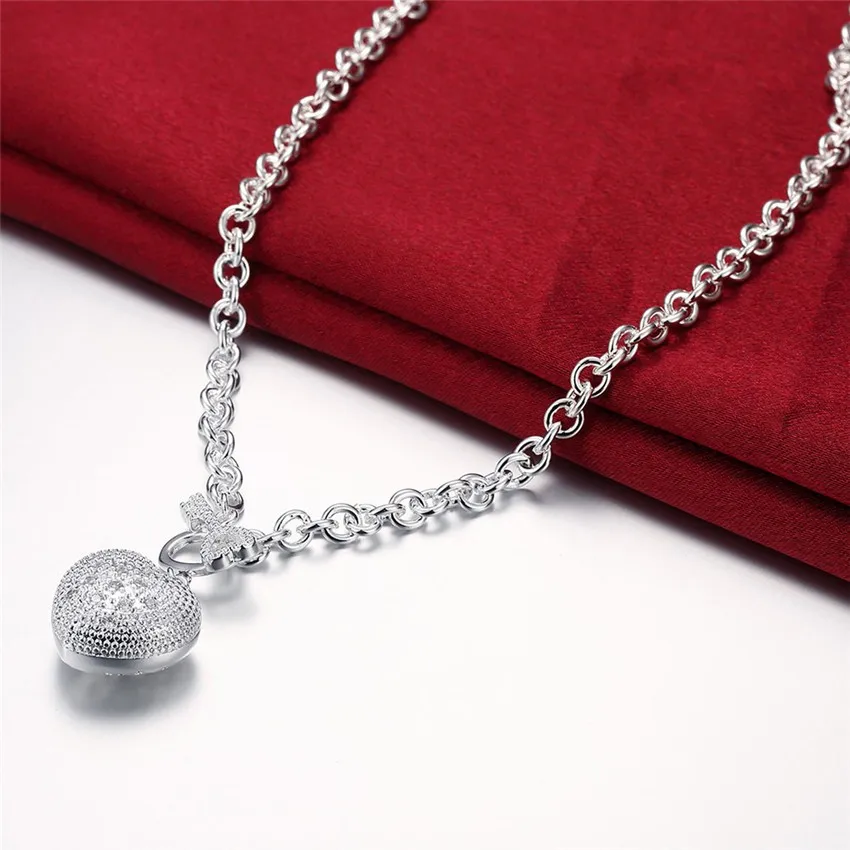 Hot Sale 925 Sterling Zilveren Ketting Sieraden 18 Inch Glanzend Kristal Hart Sleutel Ketting Voor Vrouwen Kerstcadeau