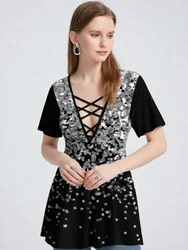 ROSEAGL Plus Size Women's Sparkles Glitter Tees, Sexy Crisscross V-Neck, 3D Print Tops 5XL, Summer Fashion Graphic T-Shirts