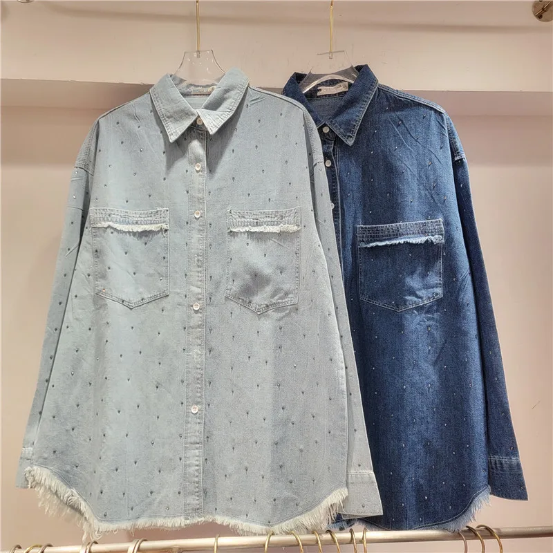 SuperAen Fashion Diamonds Denim Casual Coats Women's New 2025 Spring Washed American Retro Lapel Neck Loose Shirts