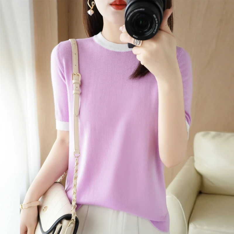 Color Matching Round Neck Thin Knitted Short-Sleeved T-Shirt Worsted Wool Bottoming Shirt 2023 Spring New Top Sweater