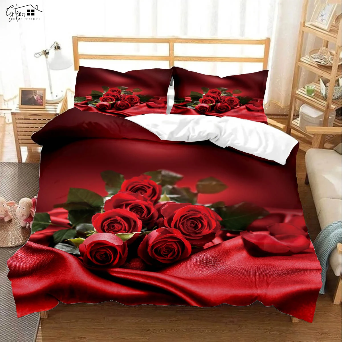 Valentine's Day Red Rose 3d Printed Quilt Cover Pillowcase Bedding Set Three-Piece Comfortable Duvet Cover Gift