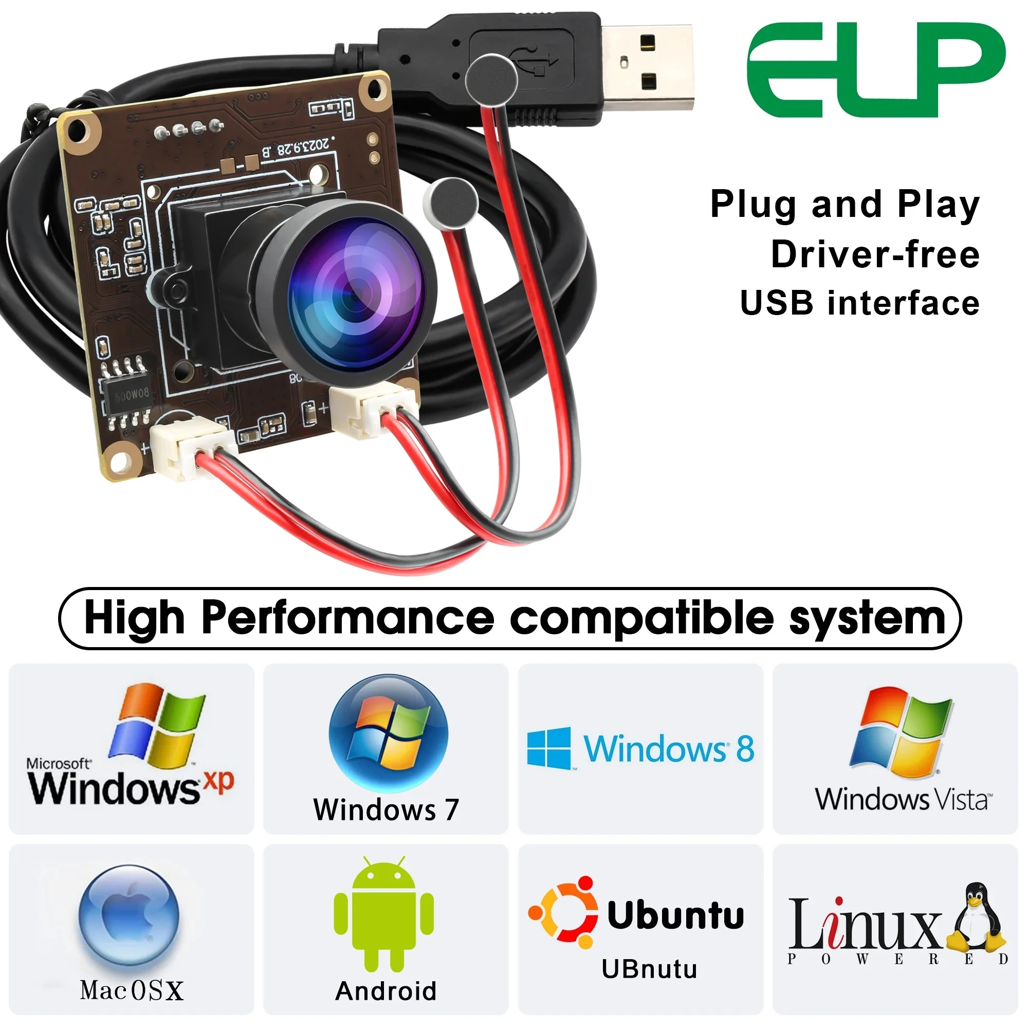 ELP 5MP 30fps USB Camera Module 120Degree Wide Angle Webcam Inbuilt Dual Microphone IMX335 Sensor Camera for Live Video