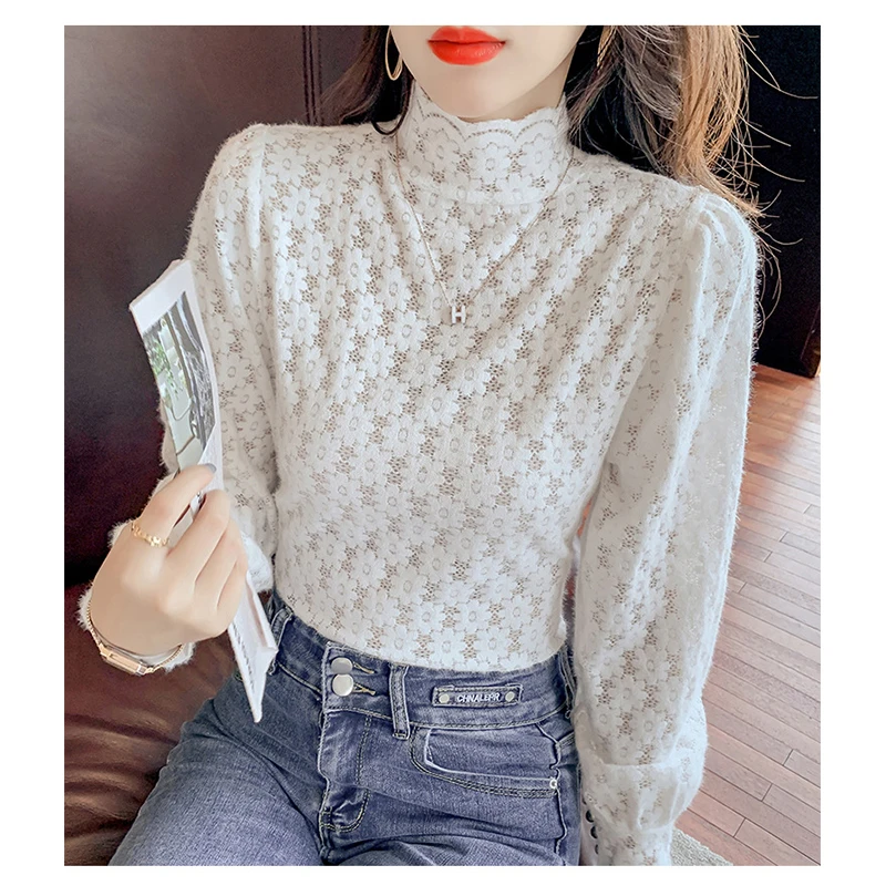 

VEEKTIE Brand Korean Style Legging For Women Lace Puff Sleeve High Neck Solid Color Hollow Out Floral Pullover Summer Fall Sweet