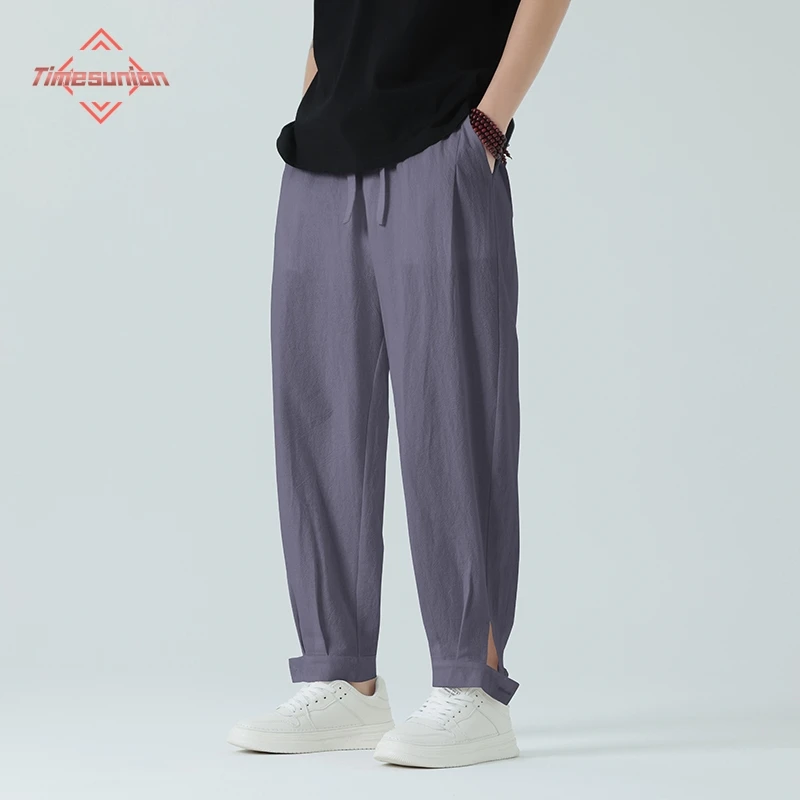 Chinese Style 100% Cotton Casual Pants Men's Straight Loose Sweatpants Spring Summer Retro Button cuffs Harajuku Harem Pants