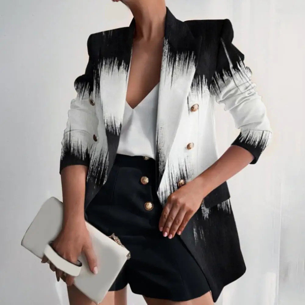 Women Blazer Right-angle Shoulder Double Breasted Long Sleeves Spring Blazer OL Style Print Cardigan Coat Women Jacket Suit Top