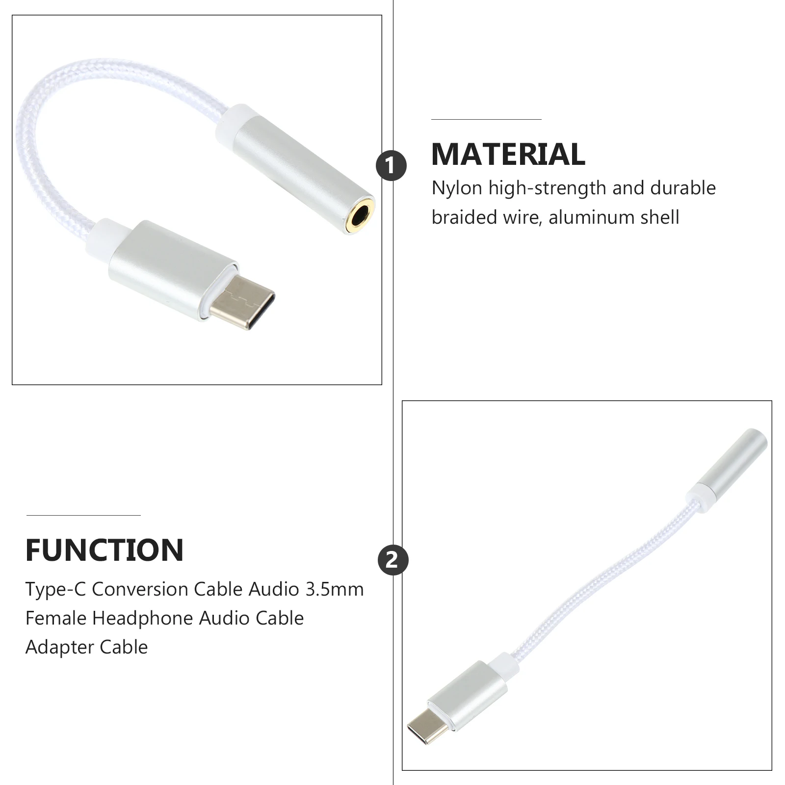 

USB Type Converter Cable Nylon Braided Durable Aluminum Alloy Case Portable 3.5mm Headphone Jack Earphone Adapter