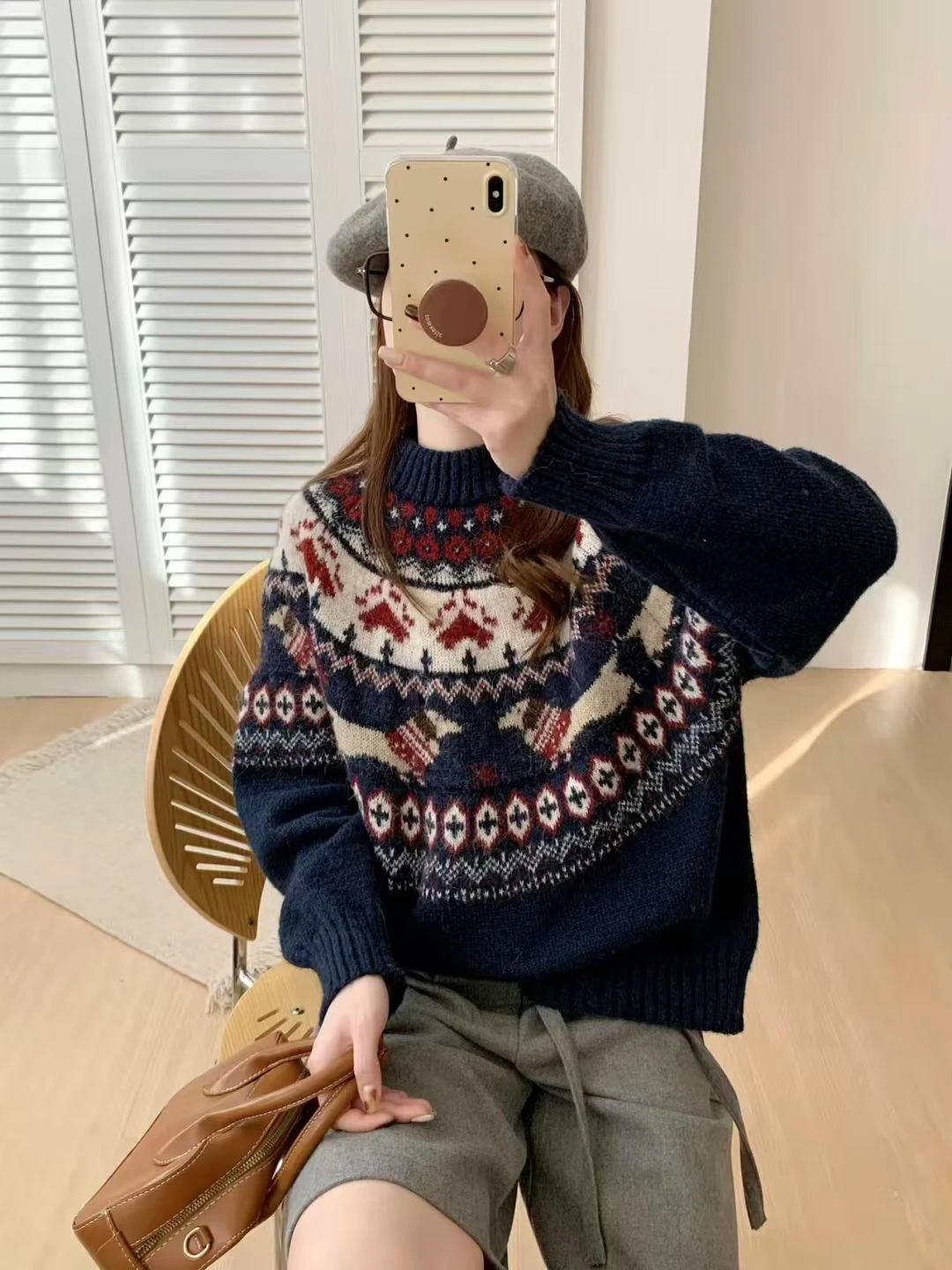 Pesado original retro fair island f alta ne camisola de malha outono inverno solto ajuste macio quente cor tonal blo camisola