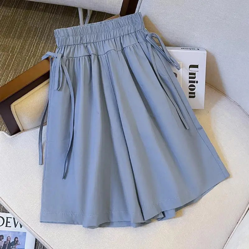 2026 New Summer Girls Wide Leg Pants Casual Loose Elastic Waist Kids Clothes Solid Color Drawstring Children's Half Pants 4-14Y