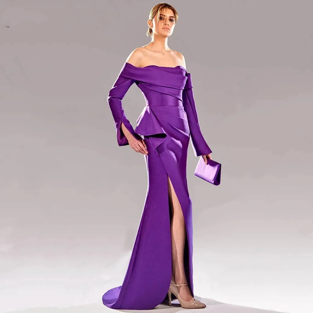 Purple Satin Off Shoulder Evening Dresses Purple Mermaid Long Sleeves Split Party Special Event Dresses vestidos de noche