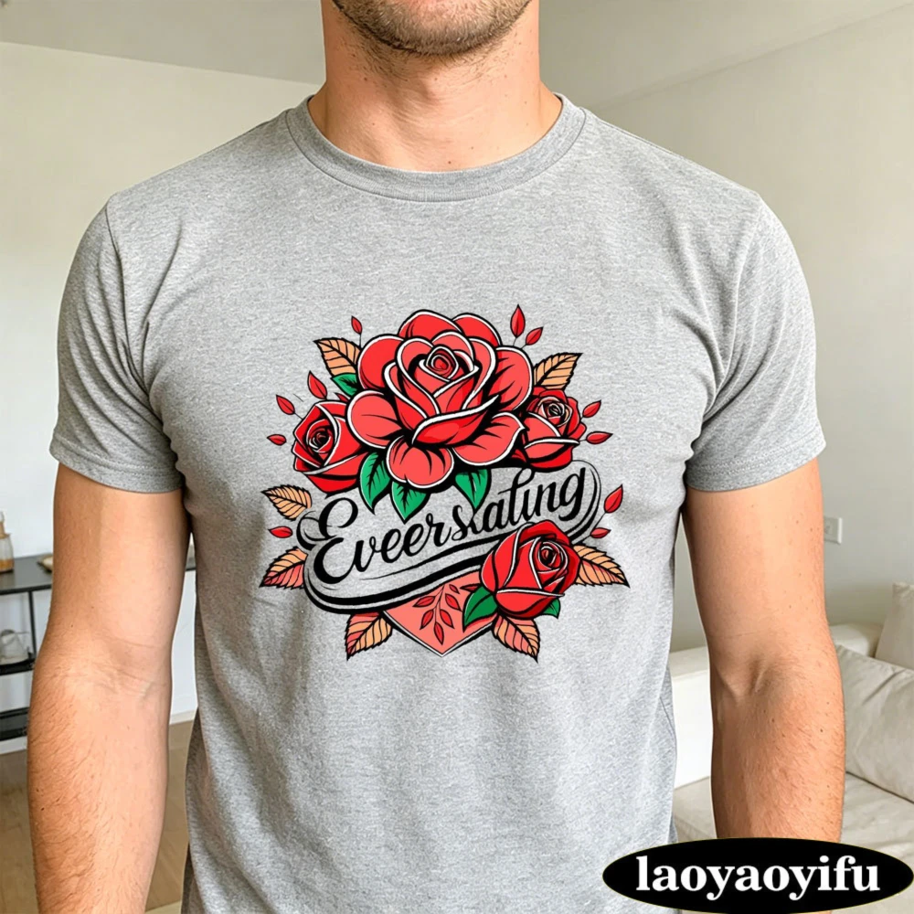 Everlasting Rose Tattoo Old School Art T Shirt Men Vintage Traditional Style Tee Summer Casual Top for Tattoo Enthusiasts