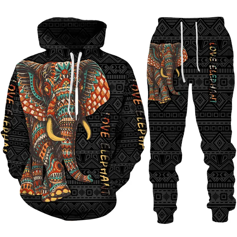 Autumn African Elephant 3D Printed Hoodie Suit Men Sweatshirts Sweatpants Casual Fashion Two Piece Tracksuit Set Men\'s Clothing