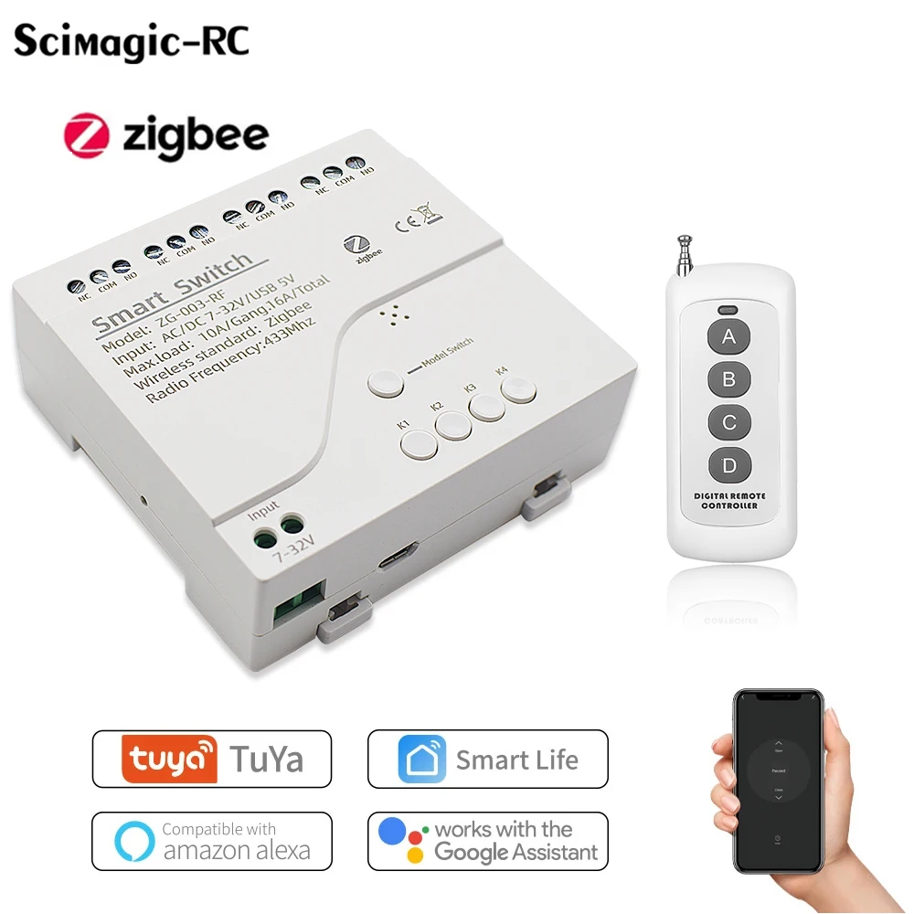 Tuya Zigbee 릴레이 4CH 스마트 홈 스위치 모듈 APP 원격 제어 무선 라디오 RF 433 Zigbee Gateway Hub 용 4 채널 릴레이 