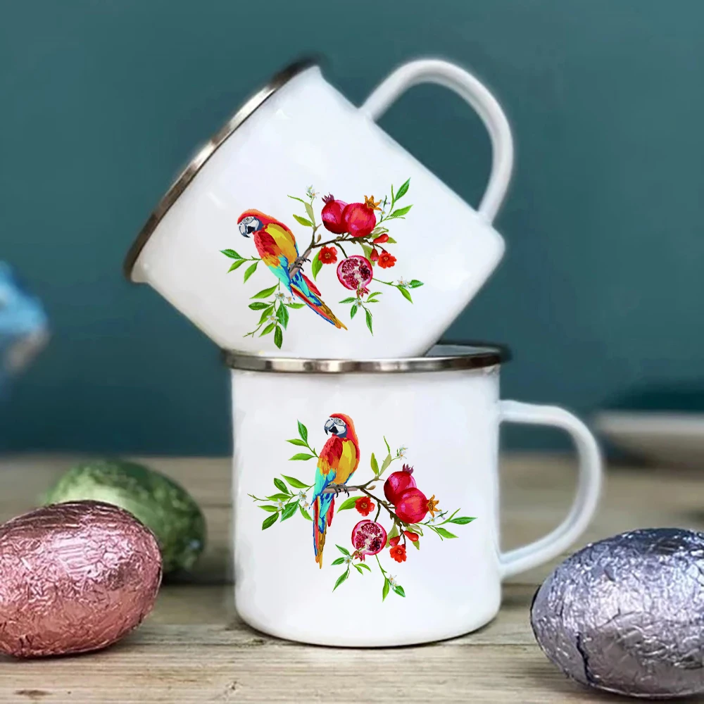 Tourist Mug Beer Cup Parrot and Pomegranate Enamel Mug Coffee Mugs Unusual Tea Cup Personalized Gift Drinkware Custom Cups Gifts