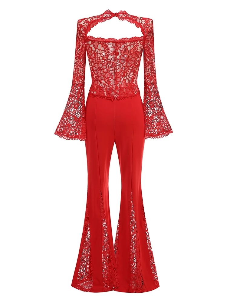 Sexy Red Lace Flared Pants Two Piece Set Women V Neck Long Sleeve Tops + Lace Patchwork Flared Suits Party Cocktail Club Sets