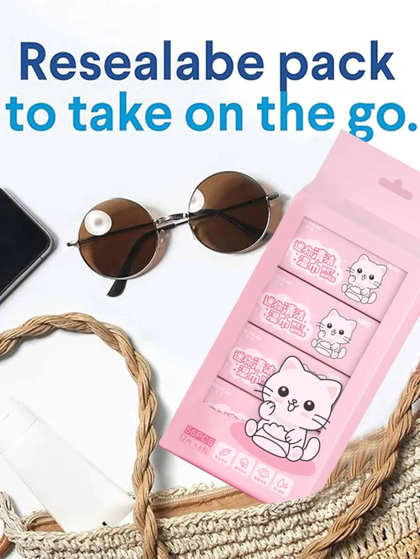 56 Pieces of Pink Kitten Mini Wipes, 1 Pack X 8 Small Bags - Travel Essentials, Soft and Thick, Individually Wrapped, Cleaning S