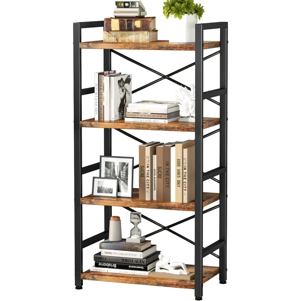 Bookshelf, 4 Tier Industrial Bookcase, Metal Small Bookcase, Rustic Book Shelf Storage Organizer for Living Room, Bedroom,