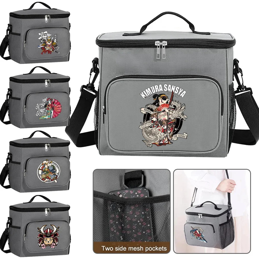 New Large Capacity Portable Food Storage Handbag with Oblique Shoulder Insulation Lunch Bag Samurai Series Printing Pattern