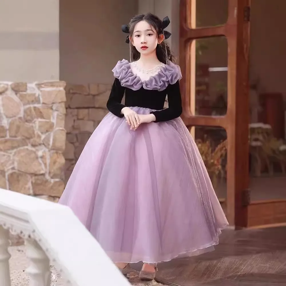 

Girls' formal dress 2025 autumn/winter fluffy gauze long sleeved stylish niche performance children's formal dress