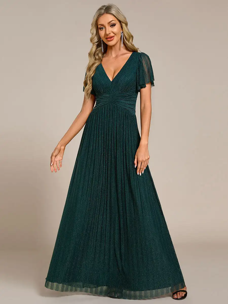 Plus Size Evening Dresses Glittery Deep V Neck Bowknot Waist Mesh Fabric 2024 Ever Pretty of Dark Green Bridesmaid dress