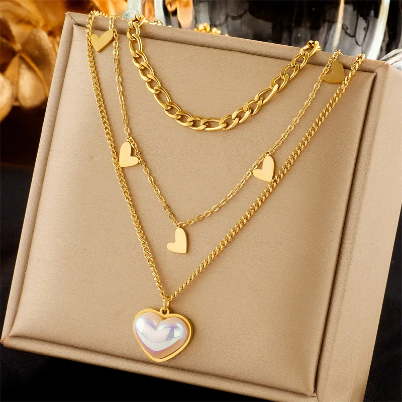 316L Stainless Steel Gold Plated Multilayer Chain Mermaid Color Lover Heart Pendant Necklace For Women Christmas Gift Not Fade