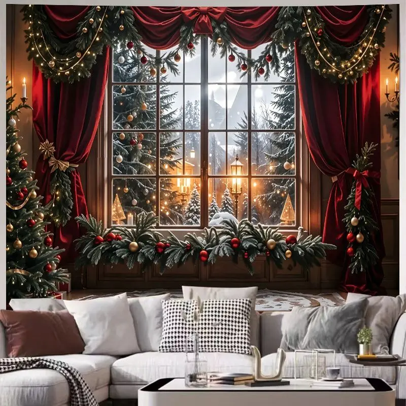 VIKAMA Christmas Window Wreath Wall Hanging, Red Curtain Snowy Forest Print, Festive Home Wall Decor for Winter Holiday