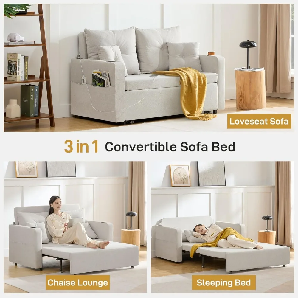سرير أريكة قابل للتحويل 3 في 1، سرير أريكة نوم بمقعدين مقاس 56 بوصة، سرير أريكة للنوم مع جيب تخزين، USB، سحب مريح