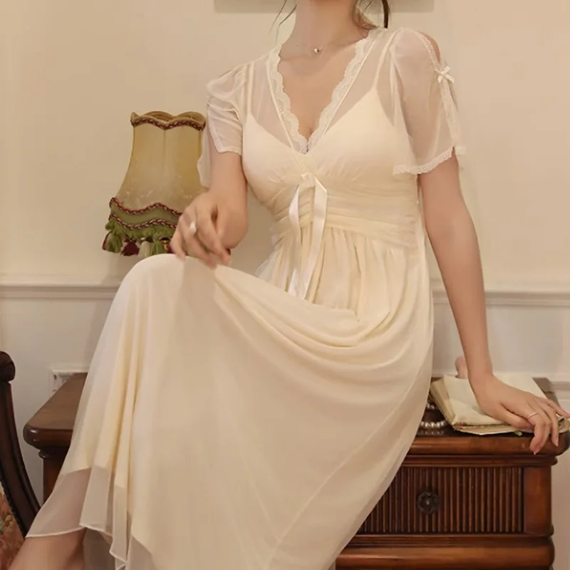 Female Long Nightgown Retro Palace Style Nightdress Sleepwear Spring Summer New Mesh Retro Palace Style Nightwear Home Dress