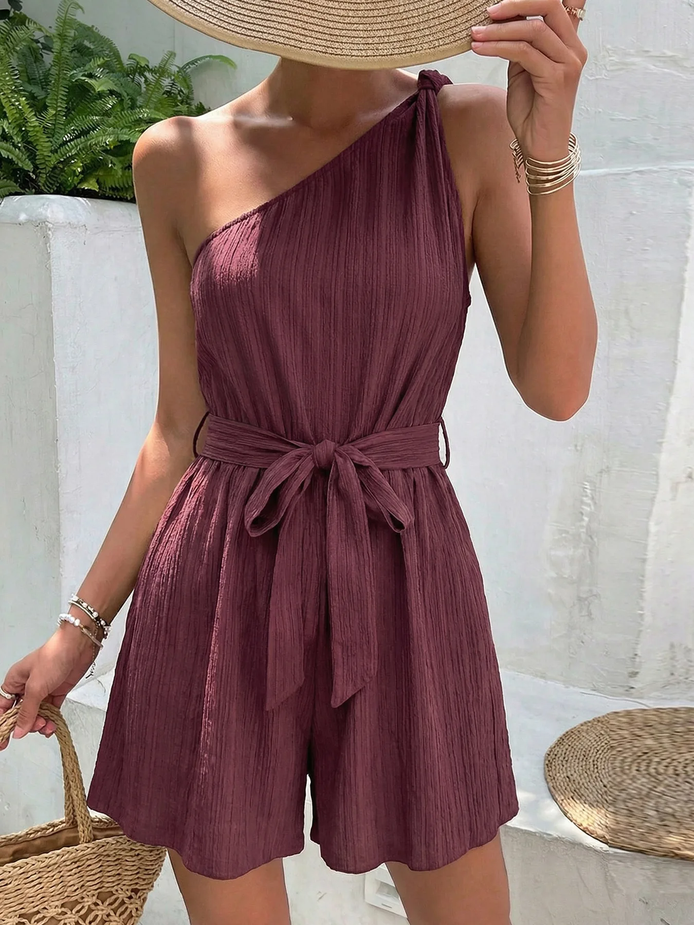Women's Jumpsuit Summer New Fashionable Sexy Casual Style Solid Simple Crepe Fabric Diagonal Collar Single Shoulder Jumpsuit