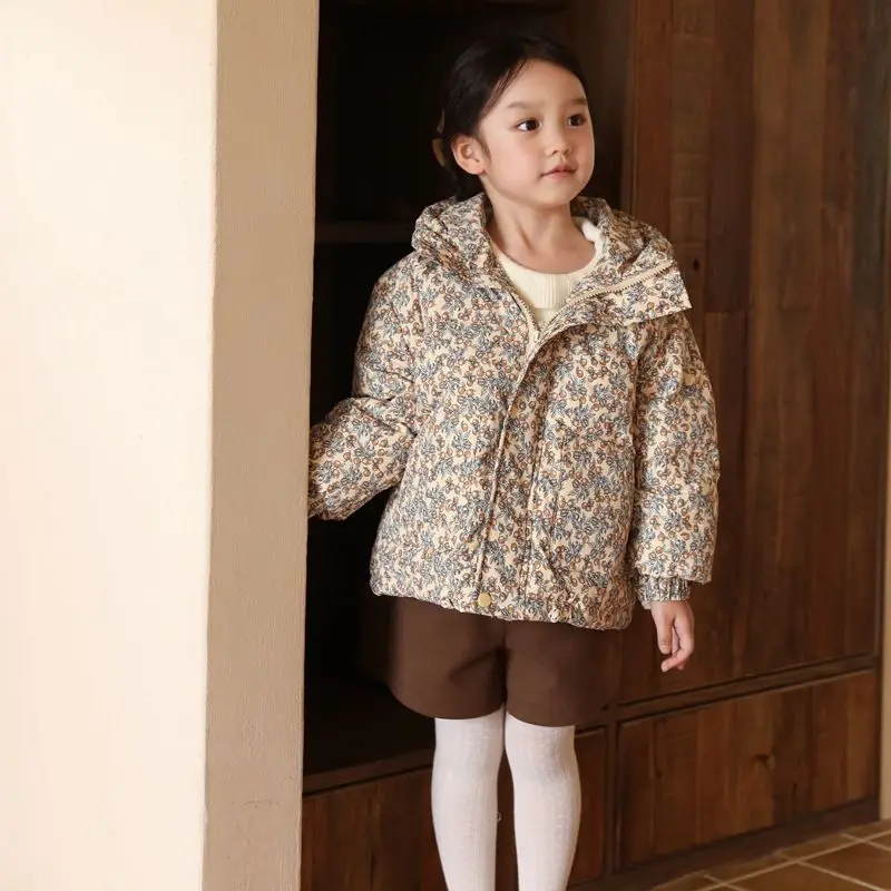 Winter Infant Baby Girl Parka Cotton Padded Floral Printed Toddler Hooded Jacket Thicken Windproof Outerwear for Little Kids