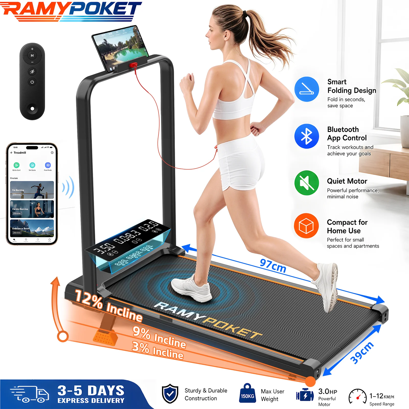 Tapis roulant électrique pour la maison, inclinaison de12%, tapis de marche pliable, 1-12 km/h, avec LED et application, capacité de 150 kg, 2,5 HP