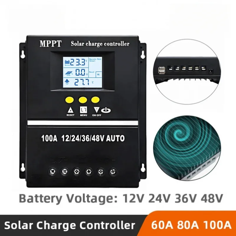 

MPPT 60A 80A 100A Solar Charge Controller with LCD Dual USB Output, 12V 24V 36V 48V Lead Acid Lithium Batteries Charger