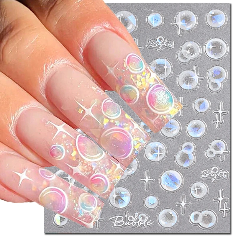 5D Embossed Nail Art Decals Summer Shells Light Bubbles Adhesive Sliders Nails Stickers Decorations For Manicure