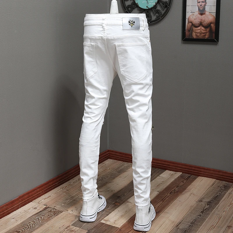 American Street Style Fashion Men Jeans White Color Elastic Slim Fit Biker Jeans Men Spliced Designer Hip Hop Denim Punk Pants