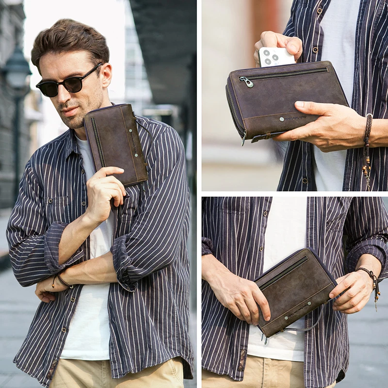 CONTACT'S-Pochette en cuir véritable pour homme, sac à main long RFID, poche pour téléphone, porte-monnaie, porte-cartes, grande capacité