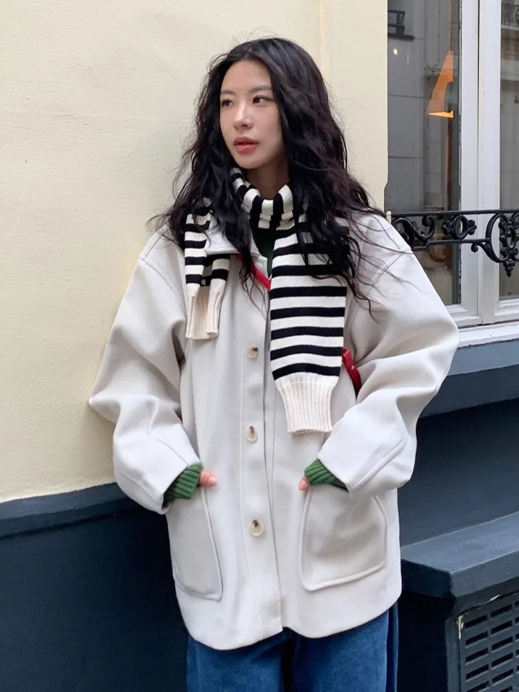 

Loose Fit Korean Sle Winter Vintage Lazy Faion Turn-down Collar Single Button Woolen Coat Women's Bla Wool Outerwear