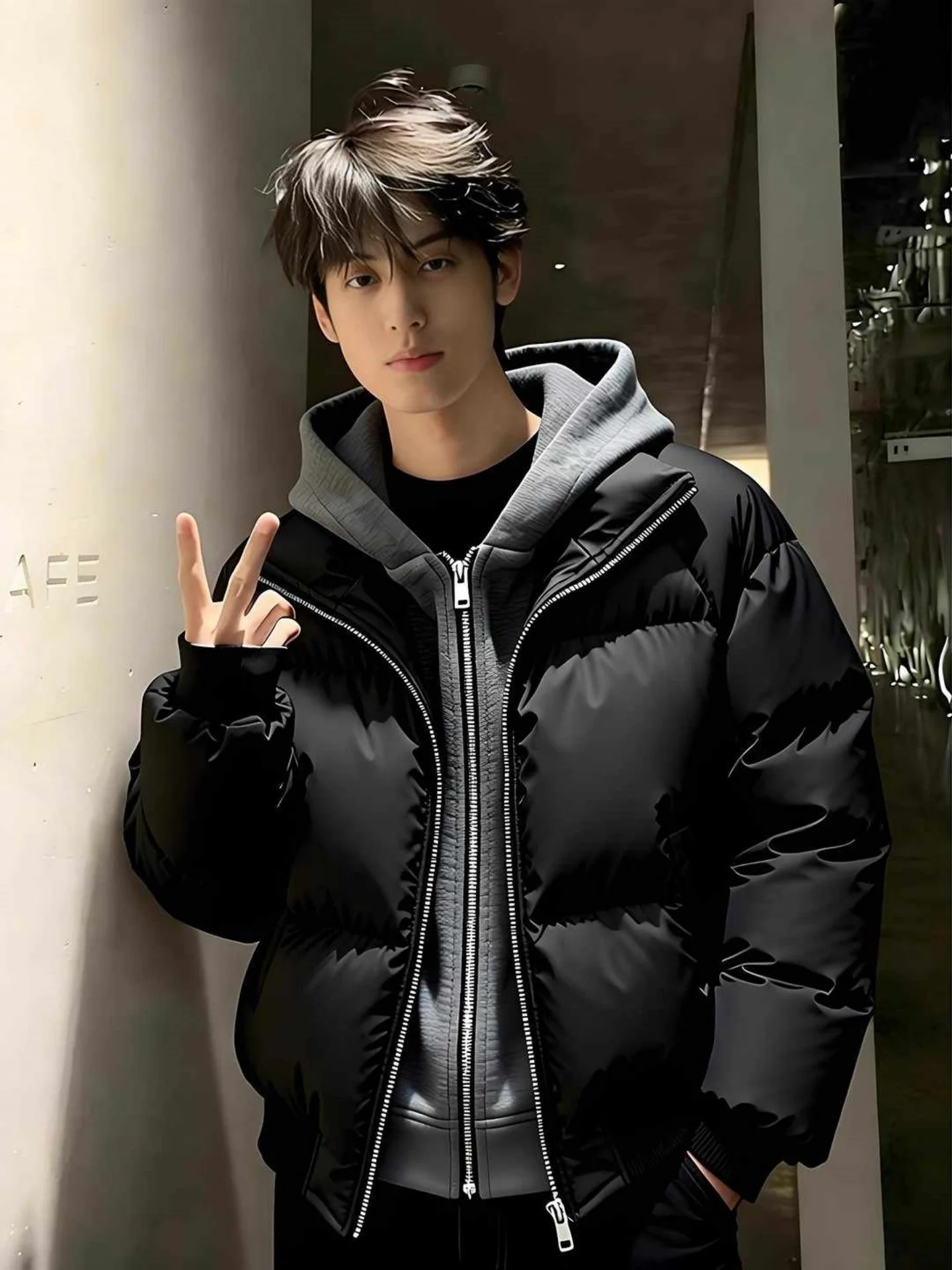 

American Sle PU Leather Hooded Cotton Jaet Men's Thi Warm Winter Coat Cleanfit ort Sle Cotton Clothes for Teens