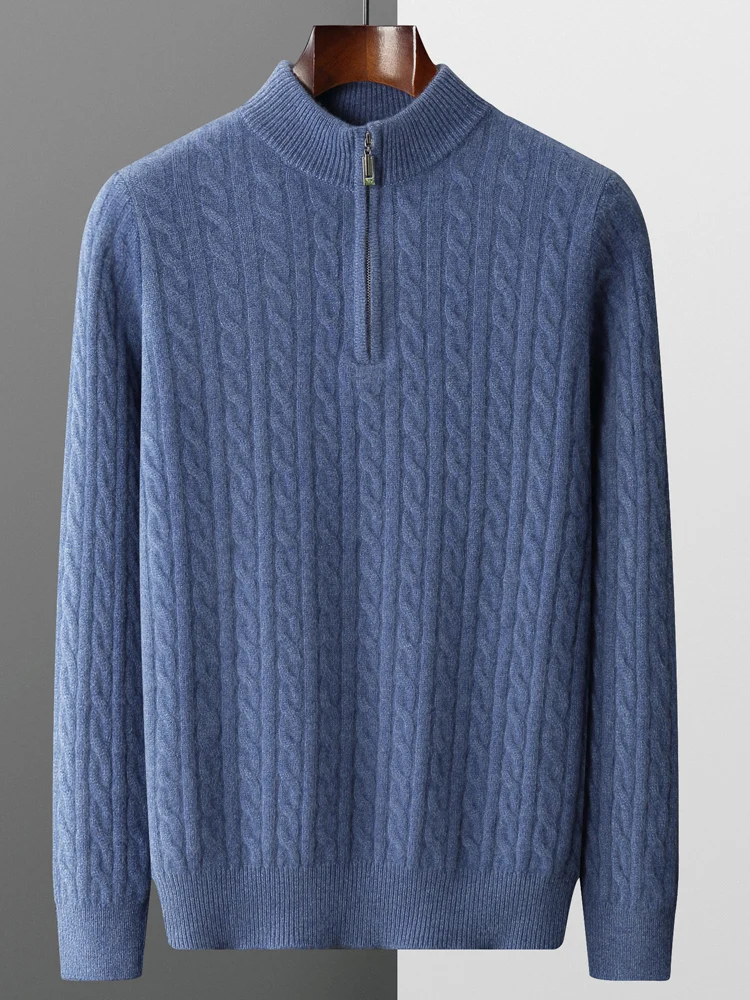 Men Mock Neck Thick Twist Flower Pullover Half Zippers Sweater 100% Merino Wool Knitwear Autumn Winter Smart Casual Cashmere Top