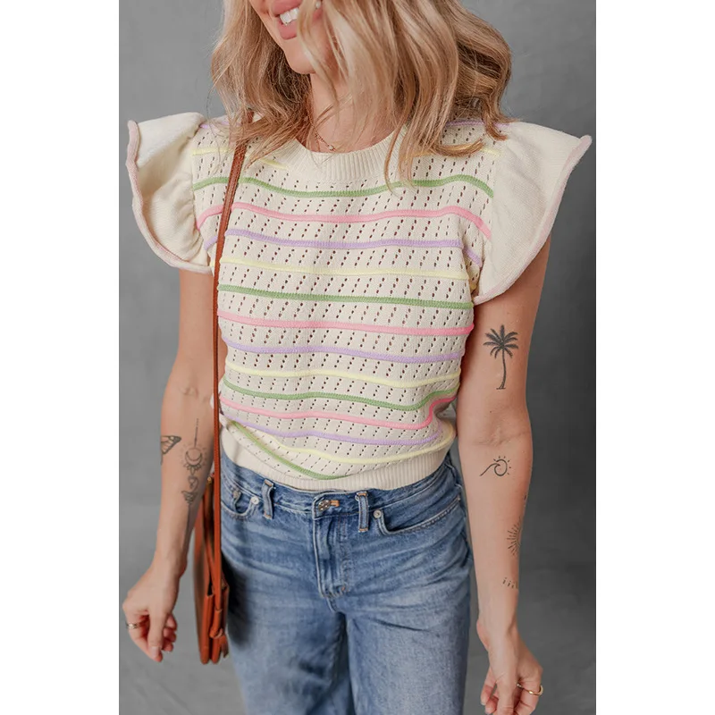 

New Hooded Round Neck Short Sleeve Top for Women Casual Versatile Ruffle Knitted T-shirt for Women