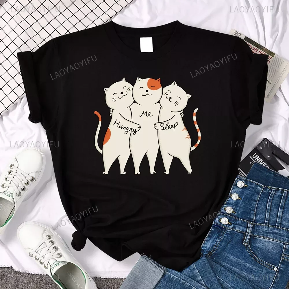 Women T Shirt Cute Cat Me and Hungry Sleep Are Friends Print Tops Female Casual Clothing Funny Animal Lady Streetwear Cotton