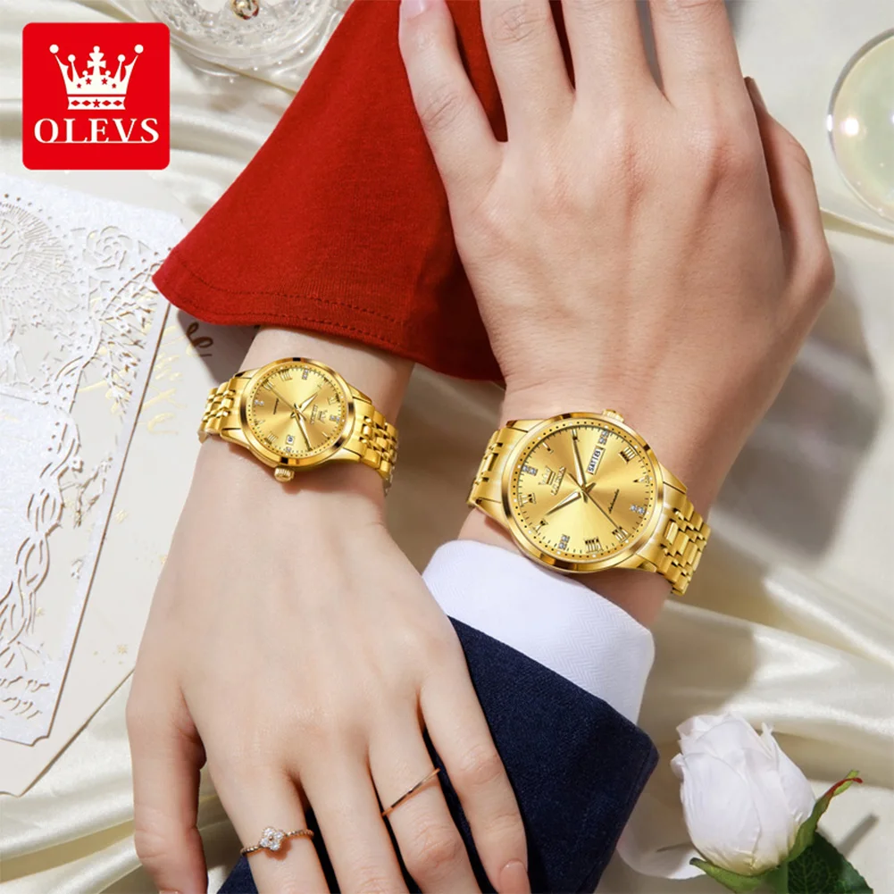 OLEVS Couple Watch Brand Luxury Gold All Automatic Mechanical Watch Elegant Romantic Date Dress Men Women Bracelet Couple Watch