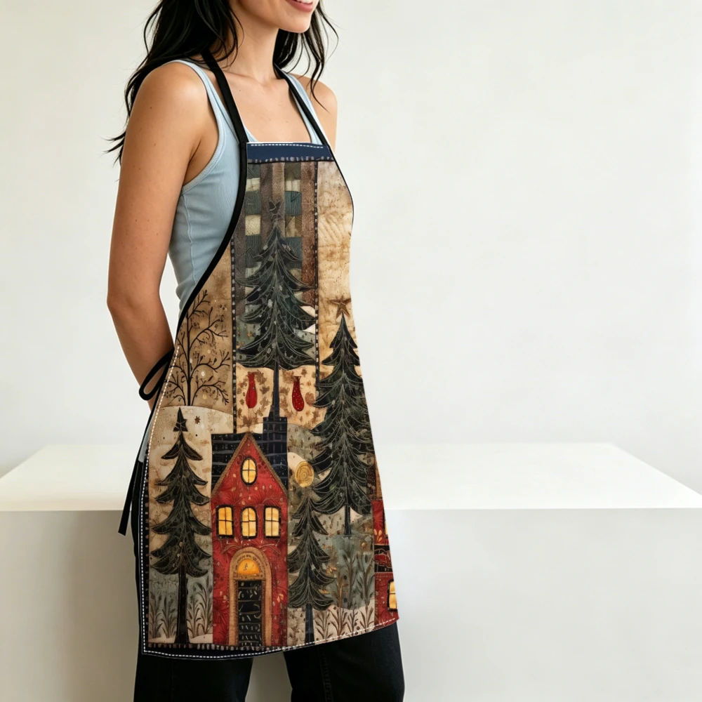 Vintage Patchwork Apron Christmas Village Trees Print Kitchen Aprons Cooking Baking Protection Adjustable Bibs