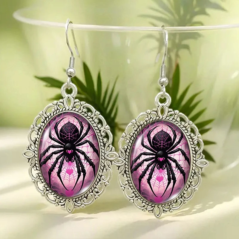Gothic Pink Black Spider Oval Drop Earrings Retro Ornate Frame Glass Art Print Earrings Halloween Cosplay Jewelry Gift For Women