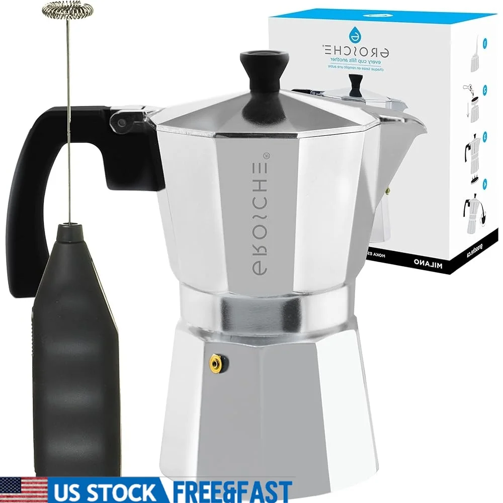

Moka Pot Espresso Maker 6 Cup Stovetop Coffee Percolator with Battery Operated Milk Frother Homemade Lattes