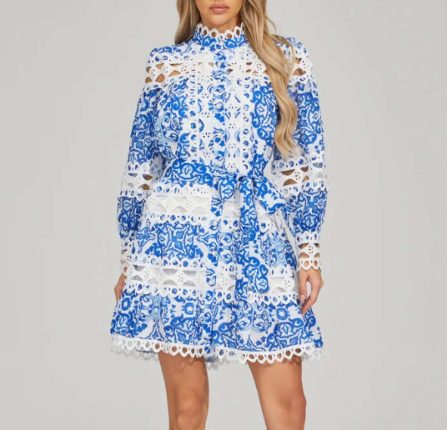 

Элегантное женское платье с цветочным принтом и поясом, ажурное мини-платье, облегающее платье с длинными рукавами, винтажное тканевое женское платье на осень-весну